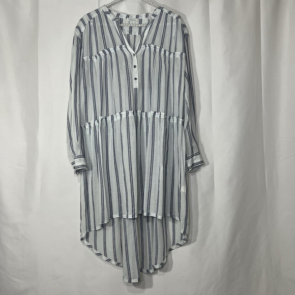 Sundance M White & Blue Striped Semi Sheer Button Front LS Hi/Low Peasant Dress - Picture 2 of 11